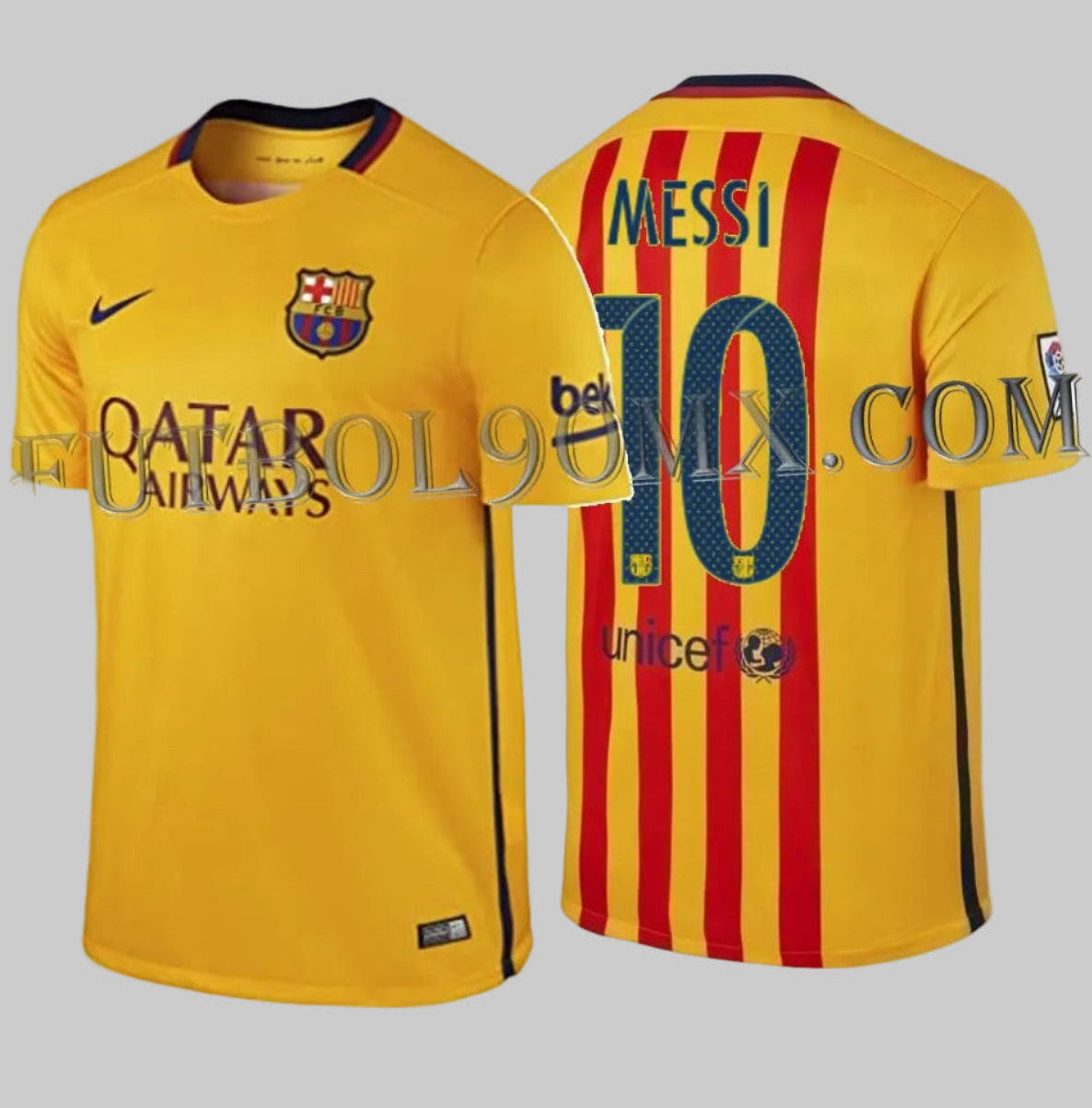 Vista frontal y trasera jersey Messi Barcelona 2015-16 con franjas rojas estilo bandera Senyera catalana.