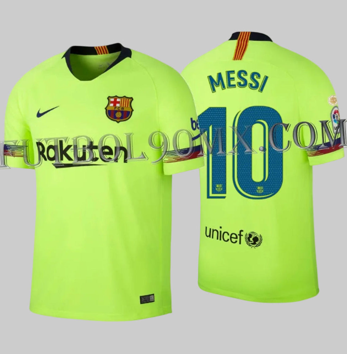 Vista frontal y trasera del jersey Barcelona 2018-19 con nombre y número oficial Messi 10.