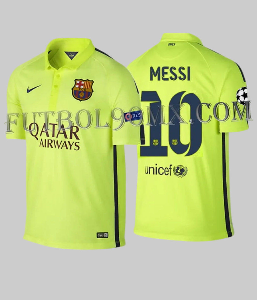 Vista dual frontal y posterior del jersey Nike Lionel Messi FC Barcelona tercero de la UEFA Champions League 2014/15 (Ref. 631192-711) en color Volt con el dorsal #10, disponible en Futbol90MX