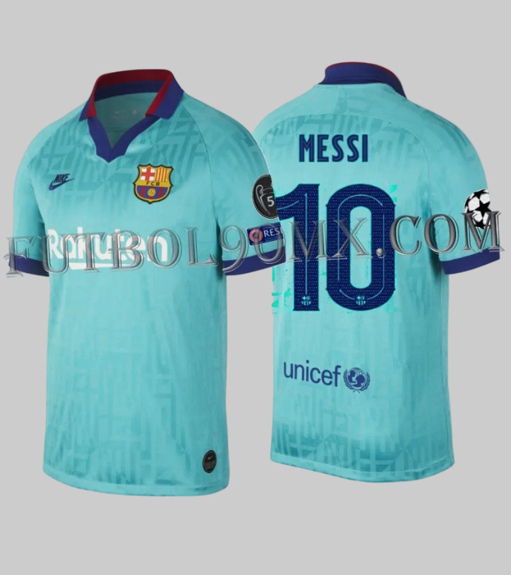 Vista frontal y posterior de la camiseta Nike Lionel Messi FC Barcelona Tercero UEFA Champions League 2019/20 (Ref. AT0029-310) disponible en Futbol90MX