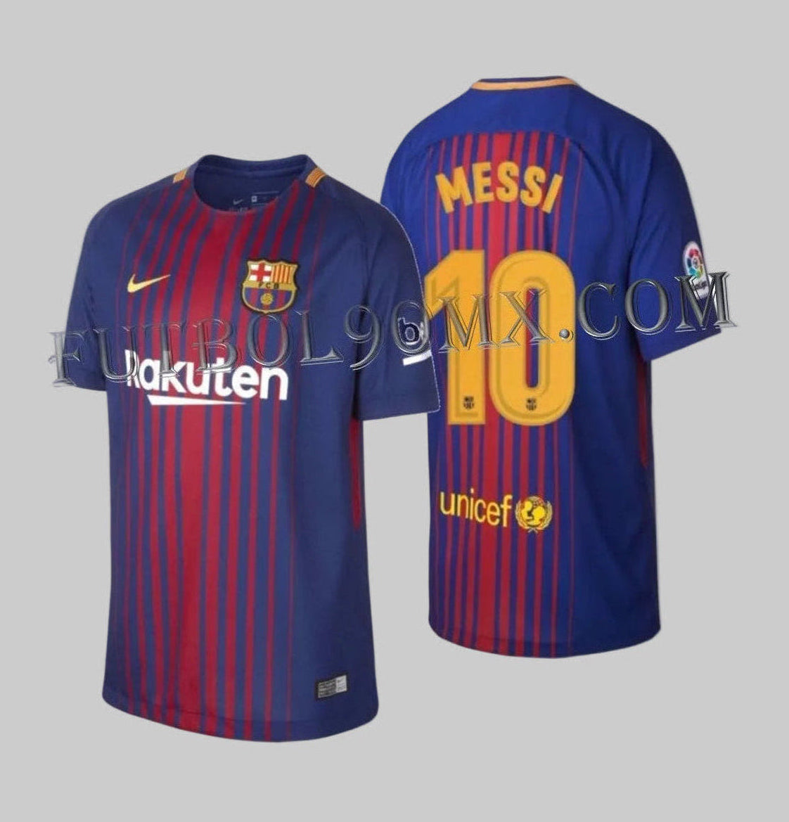 Vista frontal del jersey Nike FC Barcelona local 2017/18 talla juvenil de Lionel Messi #10, nuevo con etiquetas, pieza de archivo histórico.