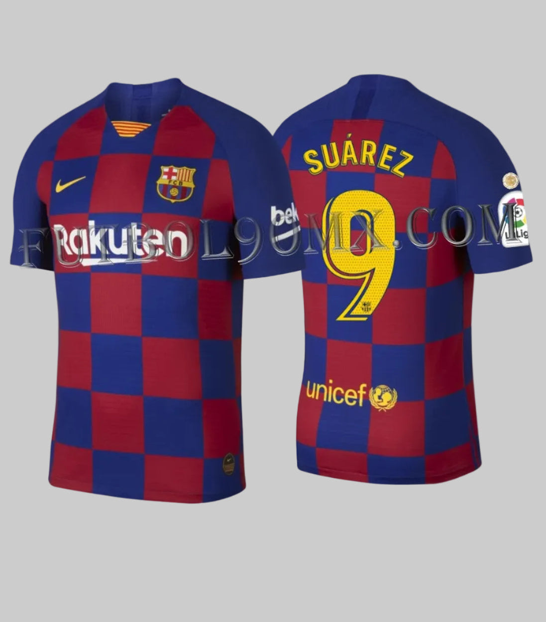 Vista frontal y posterior del jersey Nike FC Barcelona Authentic Vapor Match Local 2019/20 Luis Suárez #9 (Ref. AJ5257-456) disponible en la Historical Archive Boutique de Futbol90MX
