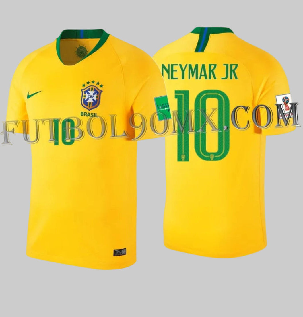 Jersey Nike de Brasil Local 2018 con personalización oficial Neymar Jr #10 y parches del Mundial Rusia 2018.