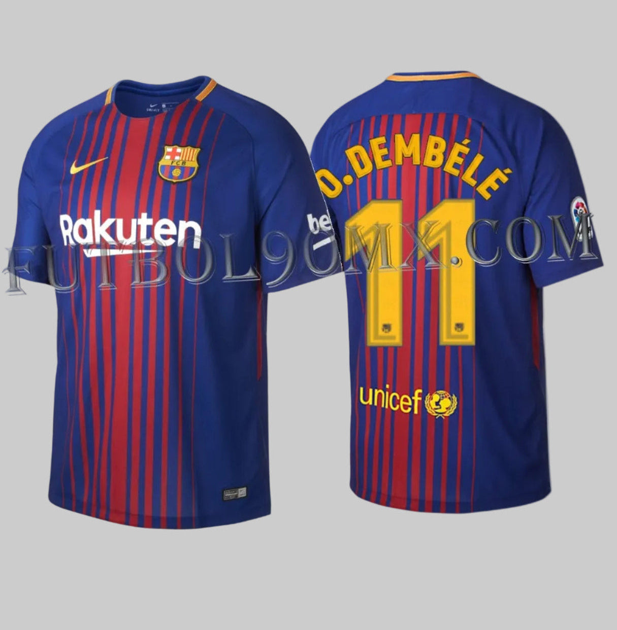 Vista frontal y posterior del jersey Nike FC Barcelona local temporada 2017/18 con dorsal oficial #11 Ousmane Dembélé, calidad de archivo histórico.