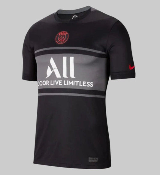 Jersey Nike PSG Third 2021/22, código DB5900-011, diseño en color negro y gris con el escudo del Paris Saint-Germain centrado y patrocinador ALL, disponible en Futbol90MX