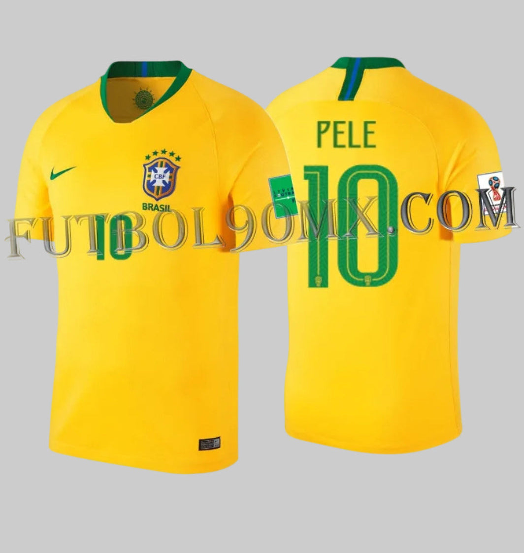 Jersey Nike de Brasil 2018 color amarillo con personalización de Pelé #10 y parches oficiales de FIFA World Cup Rusia 2018