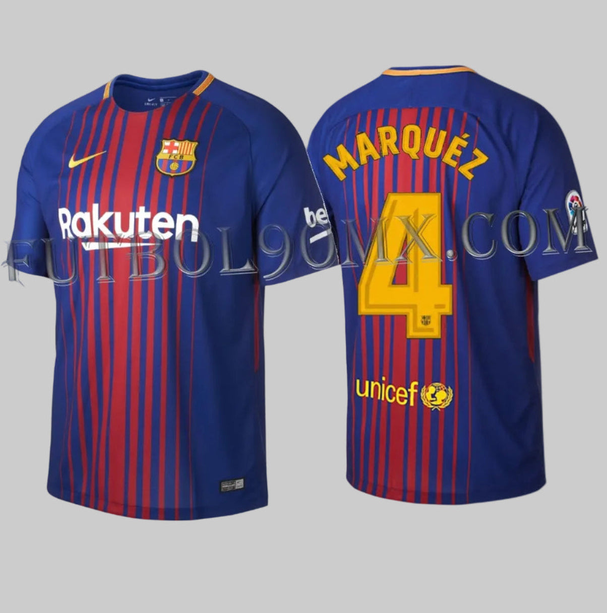 Jersey Nike FC Barcelona Local 2017-18 Rafael Márquez, versión Stadium, condición deadstock con etiquetas originales, franjas verticales progresivas y escudo bordado