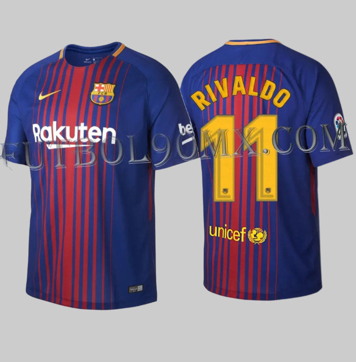Dorsal personalizado Rivaldo número 11 en jersey FC Barcelona 2017-18, tipografía oficial de La Liga y detalle de Unicef.