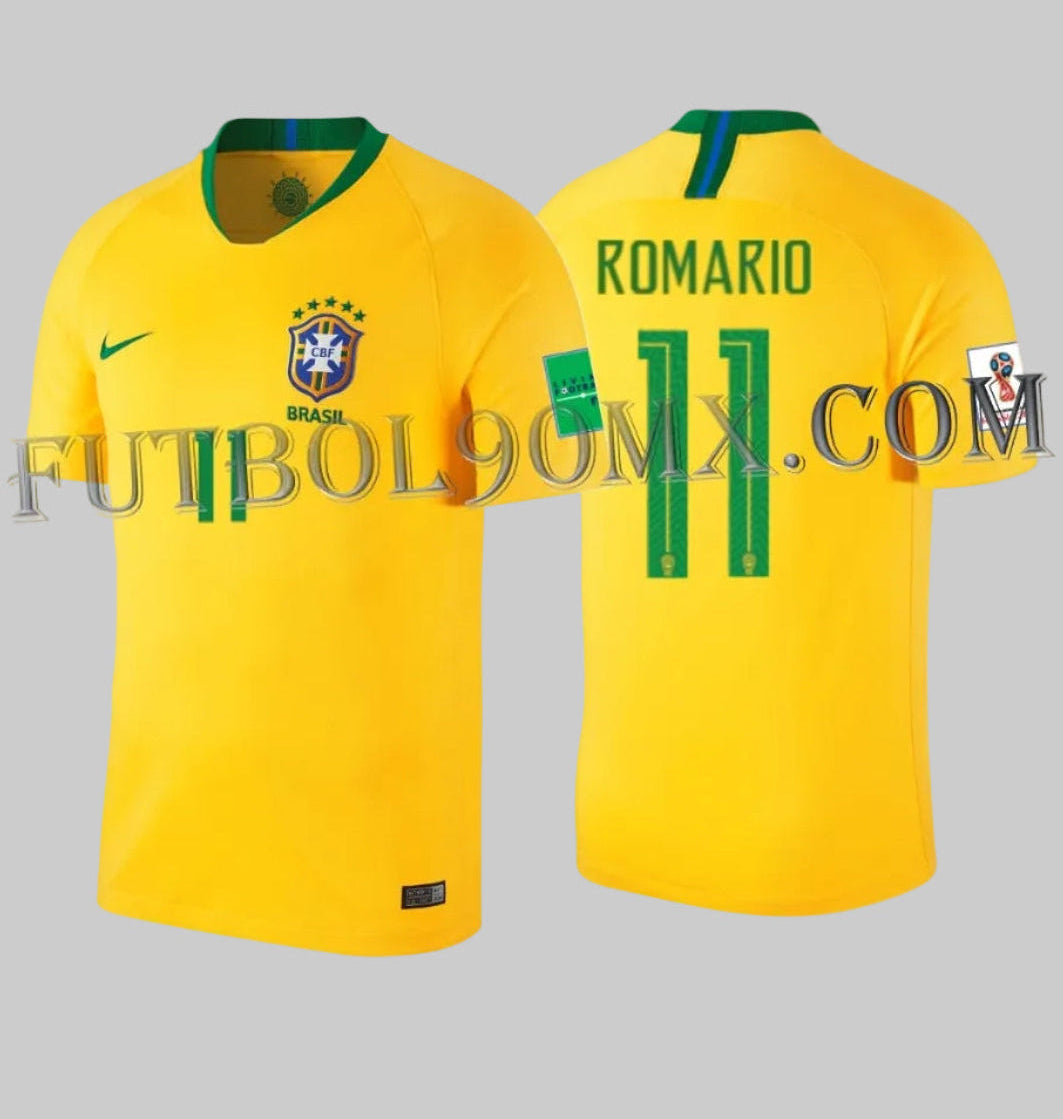 Jersey Nike de Brasil 2018 personalizado con Romário #11 y parches oficiales de la Copa Mundial Rusia 2018
