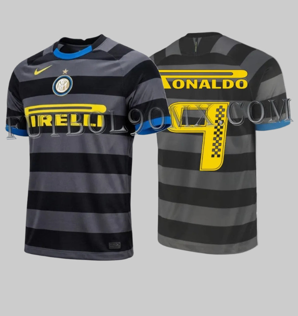 Dorsal oficial Ronaldo 9 con tipografía exclusiva Racing y patrón de bandera a cuadros en amarillo tour sobre jersey del Inter de Milán
