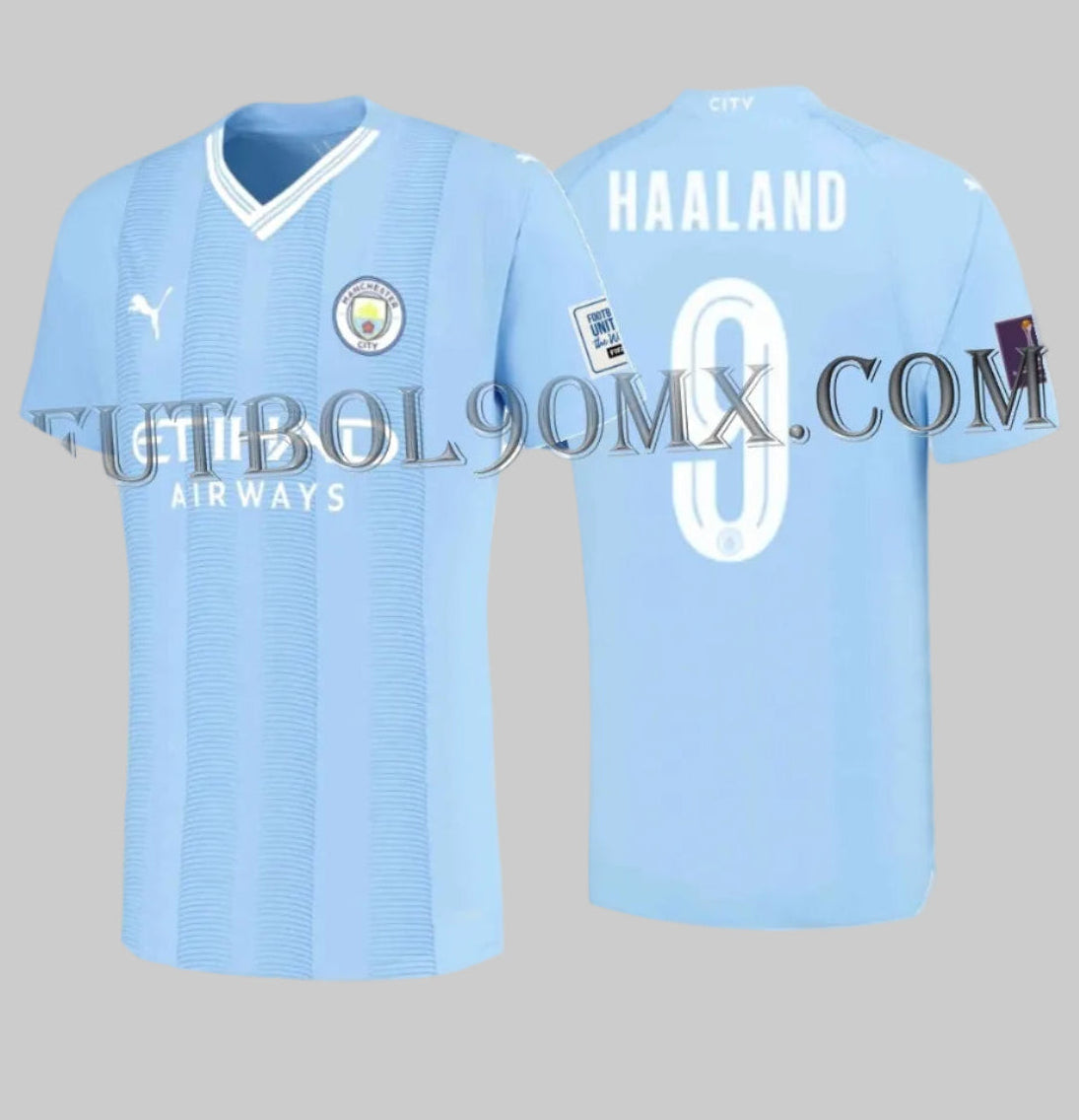 Jersey Manchester City Authentic Match con personalización oficial de copa mundial de clubs FIFA 2023 con el nombre HAALAND y el número 9 en tipografía blanca y parches en mangas, exclusiva para este torneo, Puma 770437 01
