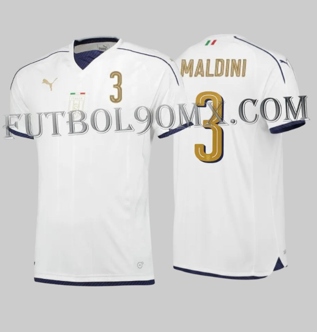 Jersey Puma Italia 2016/17 de visita en color blanco con el dorsal dorado oficial MALDINI #3, edición Legend Tribute de archivo.