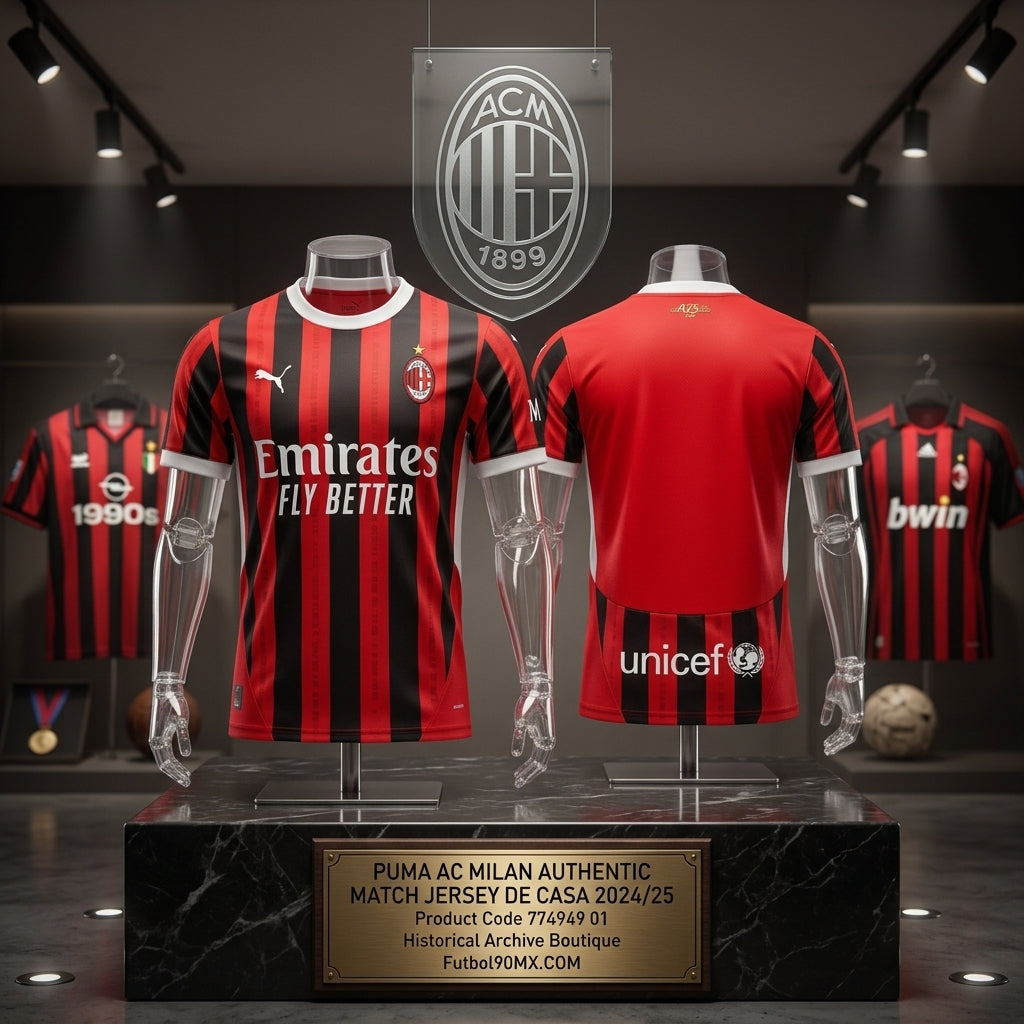 Exhibición museográfica en vitrina de la Historical Archive Boutique de Futbol90MX del jersey Puma AC Milan Authentic Match de casa 2024/25 (Ref. 774949 01).