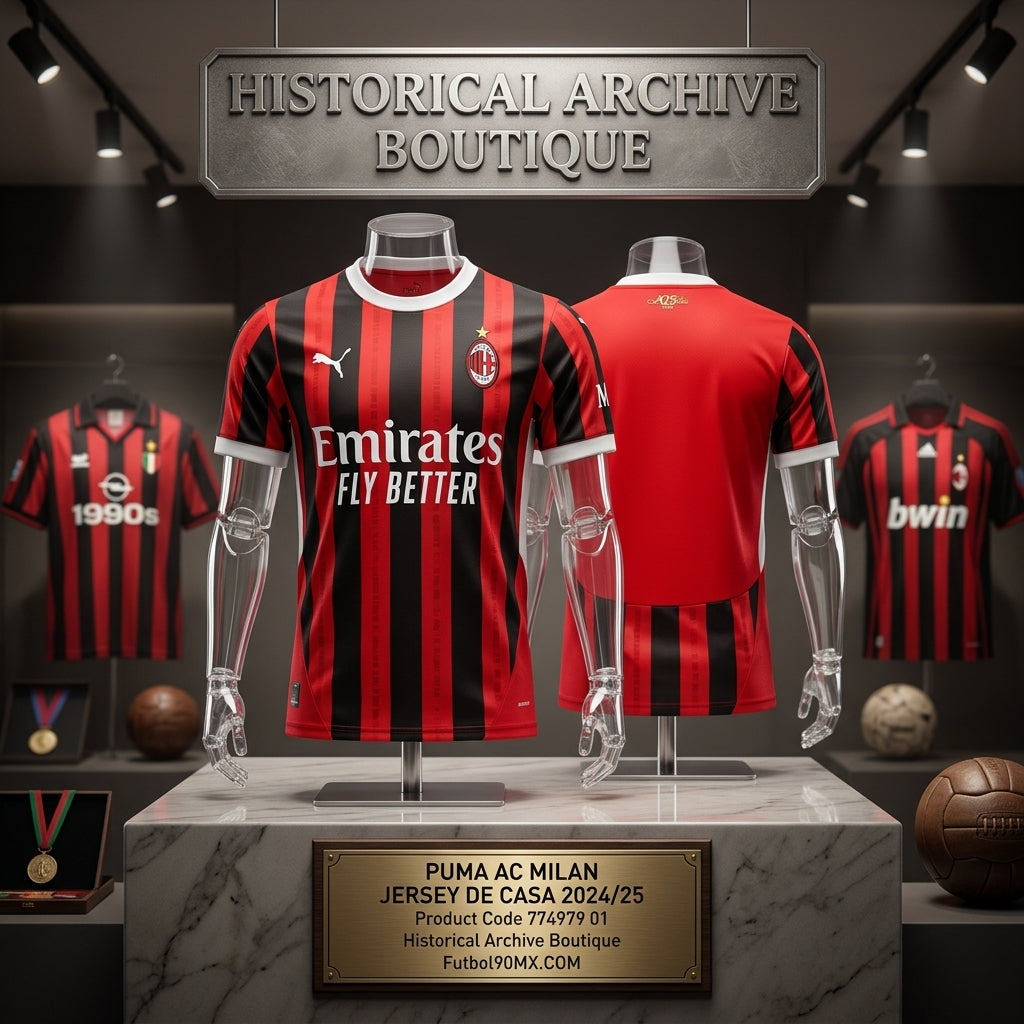 Exhibición museográfica en vitrina de la Historical Archive Boutique de Futbol90MX del jersey Puma AC Milan de casa 2024/25 (Ref. 774979 01)