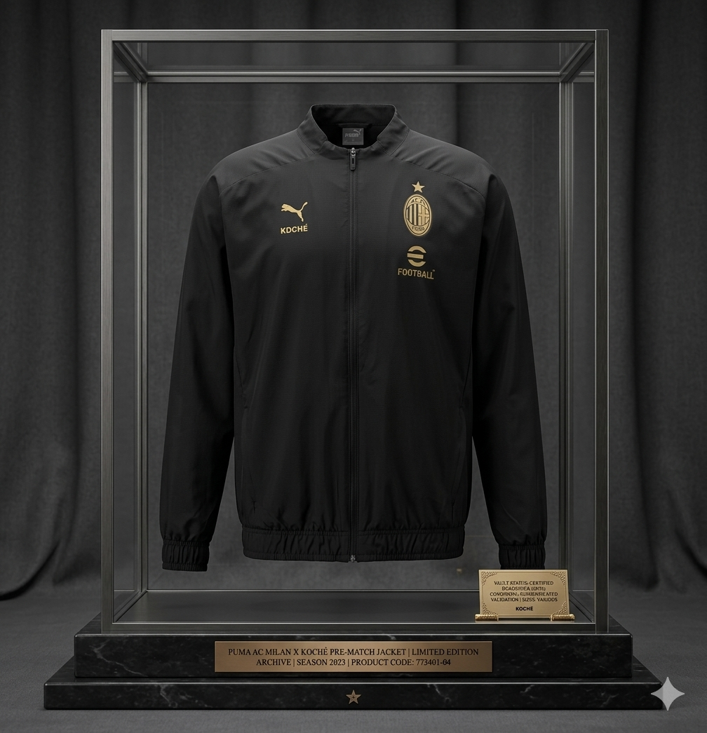 Chamarra PUMA AC Milan x KOCHÉ Pre-Match 2023 en vitrina de archivo histórico, edición limitada "Triple Black" con detalles en oro metálico, código de producto 773401-04 y certificación Vault Status de Futbol90MX.