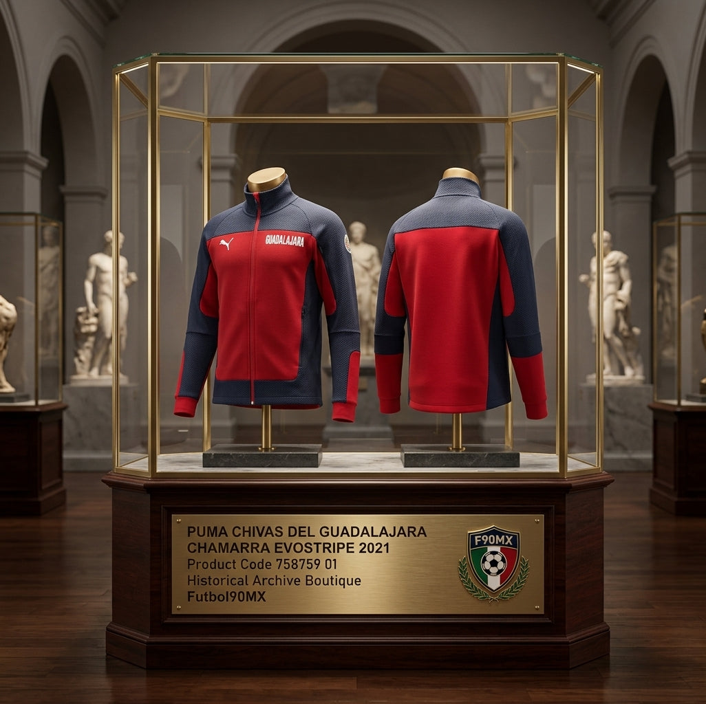 Exhibición de calidad museística de la chamarra Puma Evostripe Chivas del Guadalajara 2021, código 758759 01, con su placa identificativa en la Historical Archive Boutique de Futbol90MX