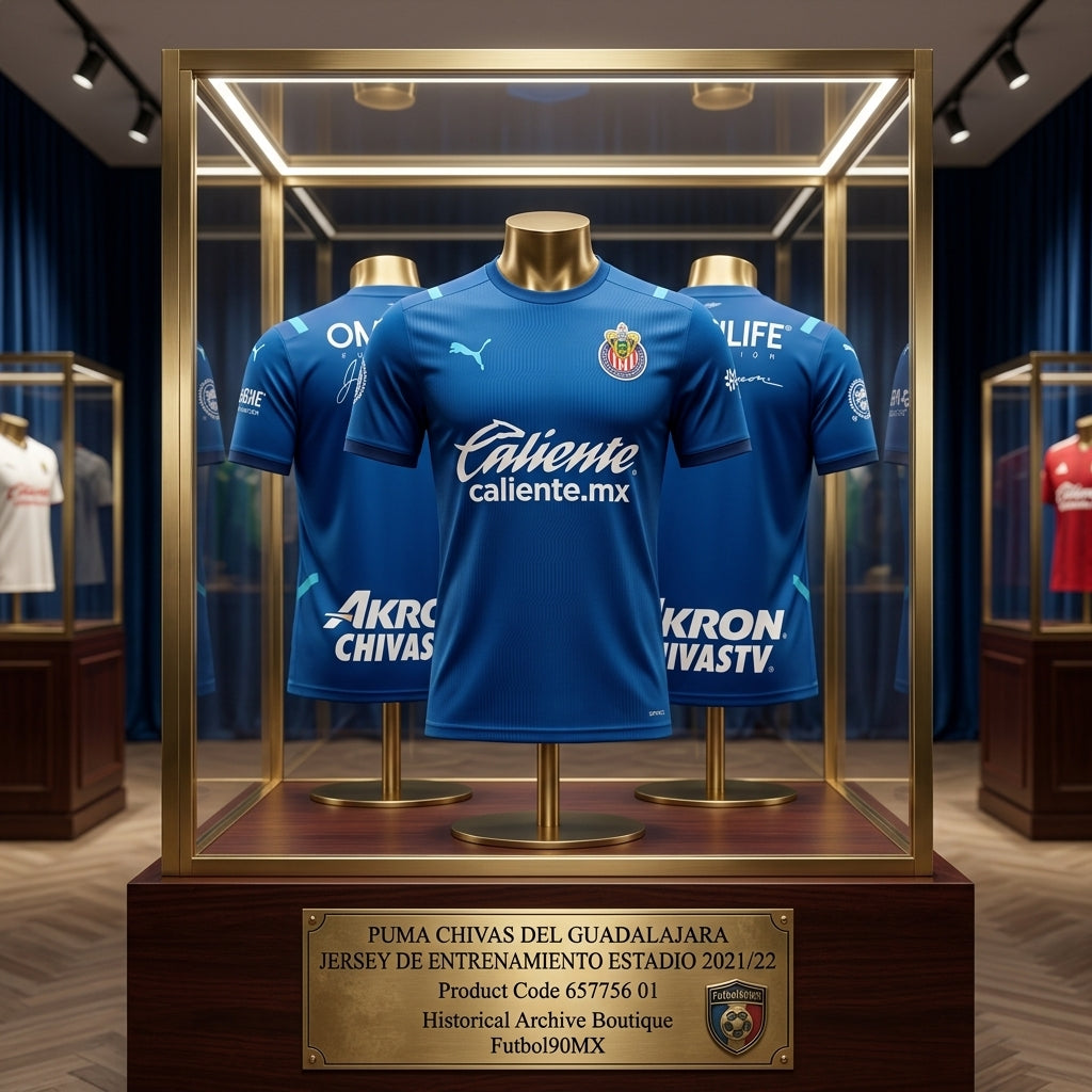 Exhibición de calidad museística del jersey de entrenamiento Estadio Puma Chivas del Guadalajara 2021/22, código 657756 01, con su placa identificativa en la Historical Archive Boutique de Futbol90MX