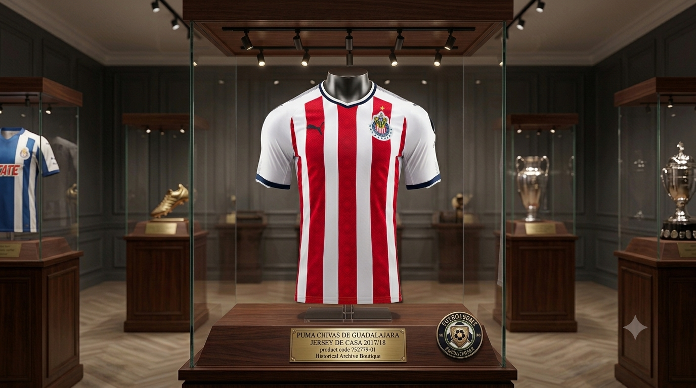 Fotografía con calidad de museo de la vitrina de archivo que exhibe el jersey de local Puma de Chivas de Guadalajara 2017/18 (752779-01), con iluminación cenital y una placa descriptiva de latón, en Historical Archive Boutique Futbol90MX