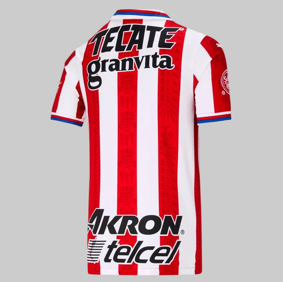 Vista posterior completa del jersey de local Puma de las Chivas de Guadalajara 2020/21, mostrando la espalda limpia en color blanco con las franjas rojas verticales y el corte clásico de la prenda, en Futbol90MX