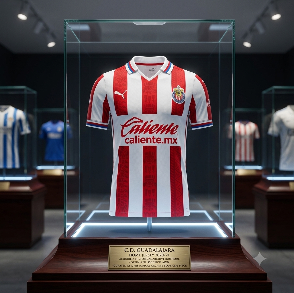 Fotografía con calidad de museo de la vitrina de archivo que exhibe el jersey de local de Chivas 2020/21 (763048-01), con iluminación cenital y la placa conmemorativa de latón, en Historical Archive Boutique Futbol90MX