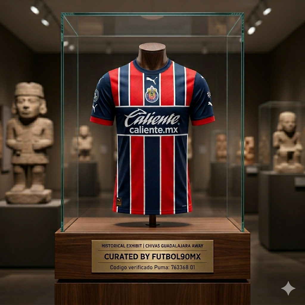 Jersey de colección Puma de las Chivas de Guadalajara exhibido dentro de una vitrina de cristal de museo sobre un pedestal de madera premium. El jersey presenta franjas verticales rojas y azul marino con detalles blancos y patrocinador Caliente. Placa metálica dorada grabada con la inscripción Curated by Futbol90MX codigo Puma 763368 01