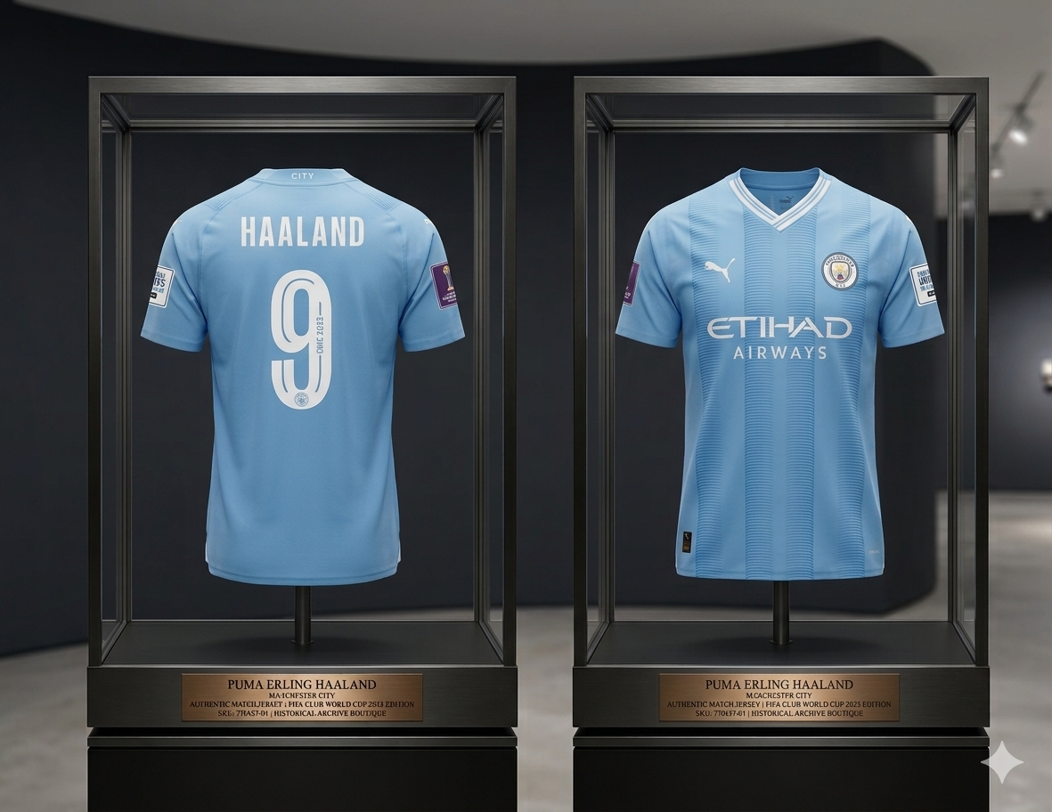 Puma 770437 01 Manchester City Authentic Match Home Jersey 23/24 de Erling Haaland exhibido en vitrina de archivo histórico con placa técnica conmemorativa del Mundial de Clubes. 