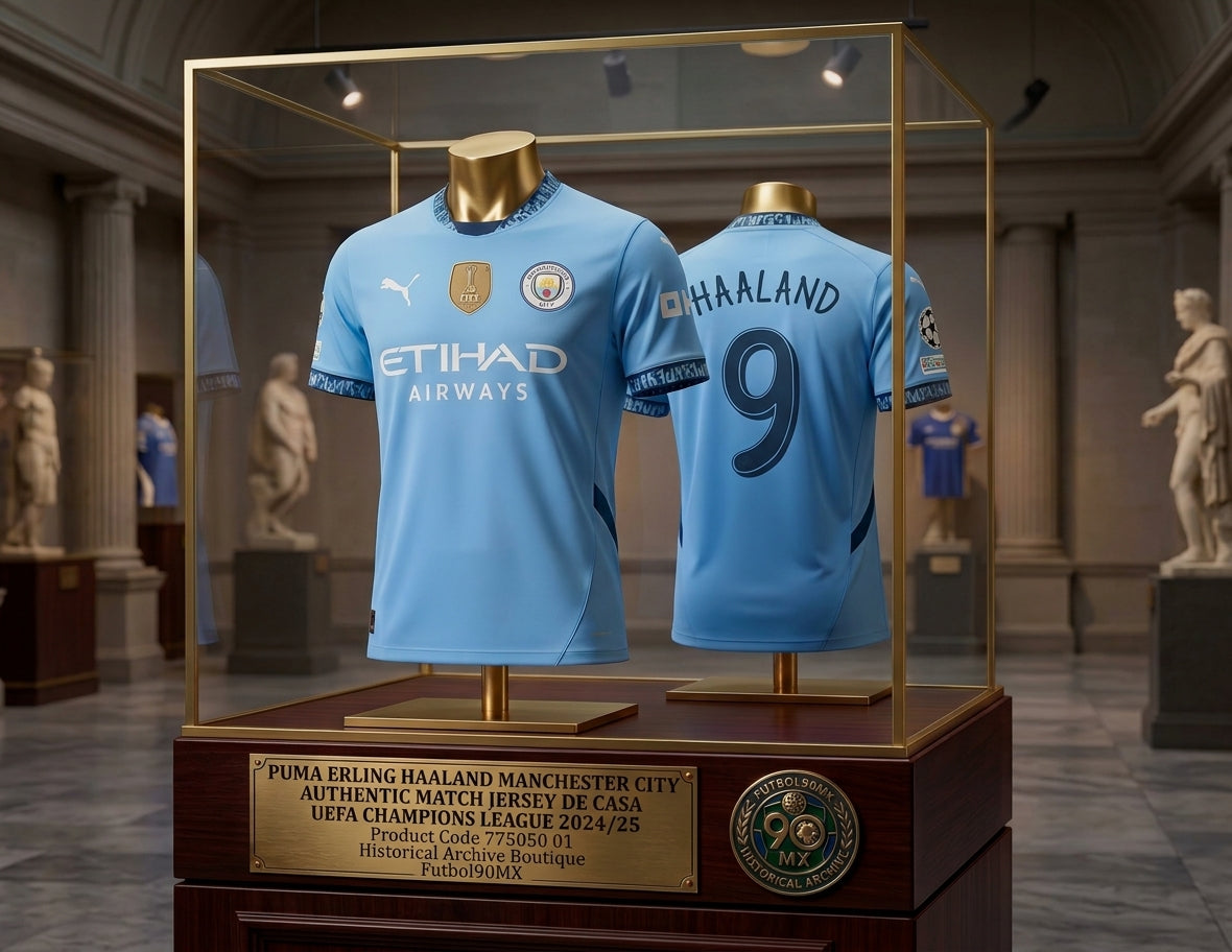 Exhibición de archivo de la equipación Vista de Museo del Puma Erling Haaland Manchester City Authentic Match Jersey de Local UEFA Champions League 2024/25 (Ref. 775050 01) en la Historical Archive Boutique de Futbol90MX