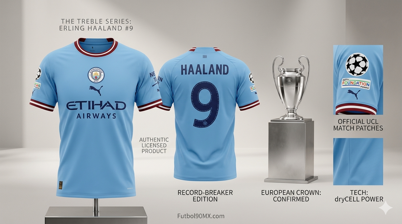 Infografía de archivo de Futbol90 MX detallando los elementos Match-Spec del jersey de Erling Haaland: parches UCL, dorsal de copas y escudo bordado