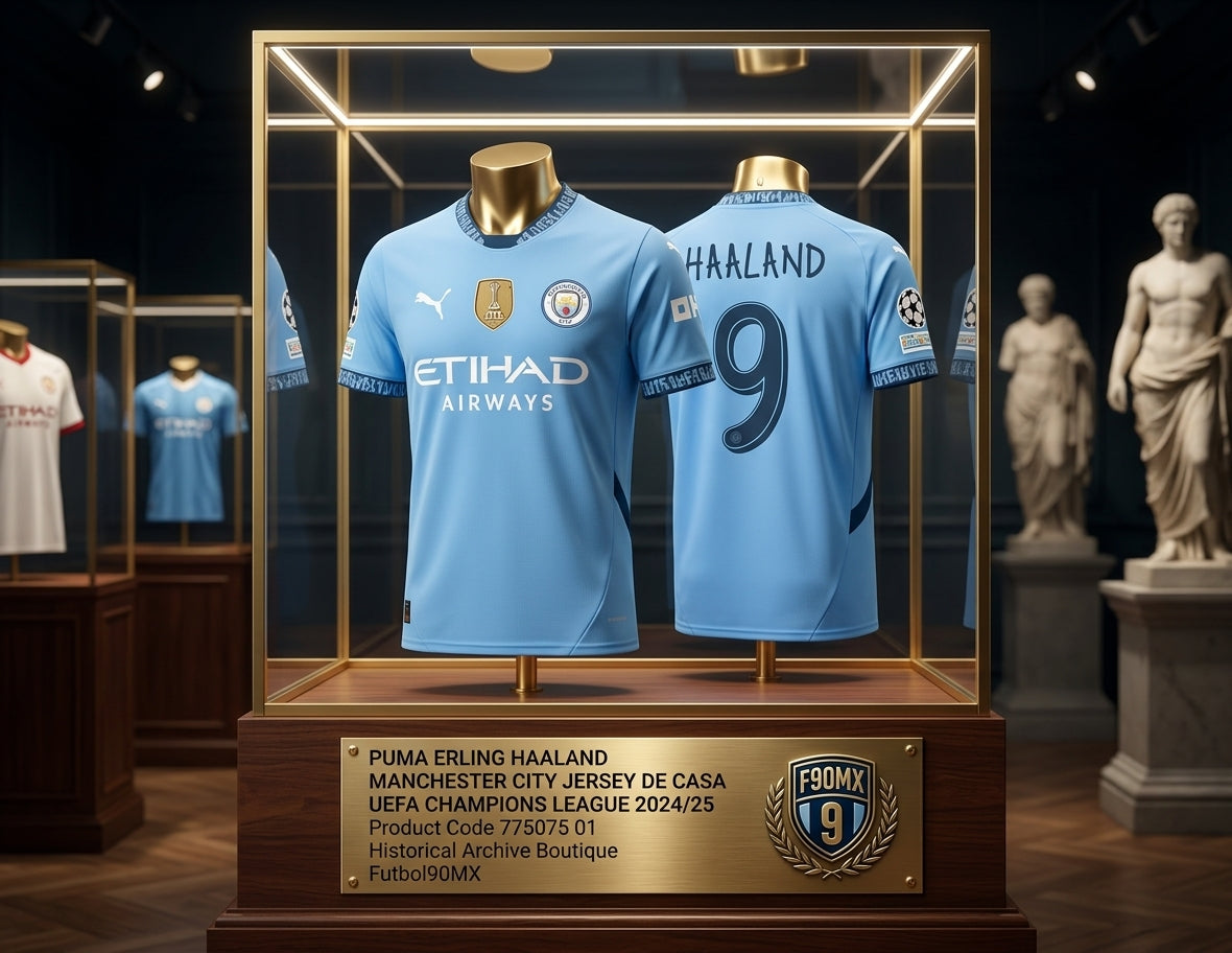 Vista de Museo del Conjunto de camiseta Puma Erling Haaland Manchester City UEFA Champions League Home 2024/25 (Ref. 775075 01) exhibido en vitrina de colección de la Historical Archive Boutique de Futbol90MX