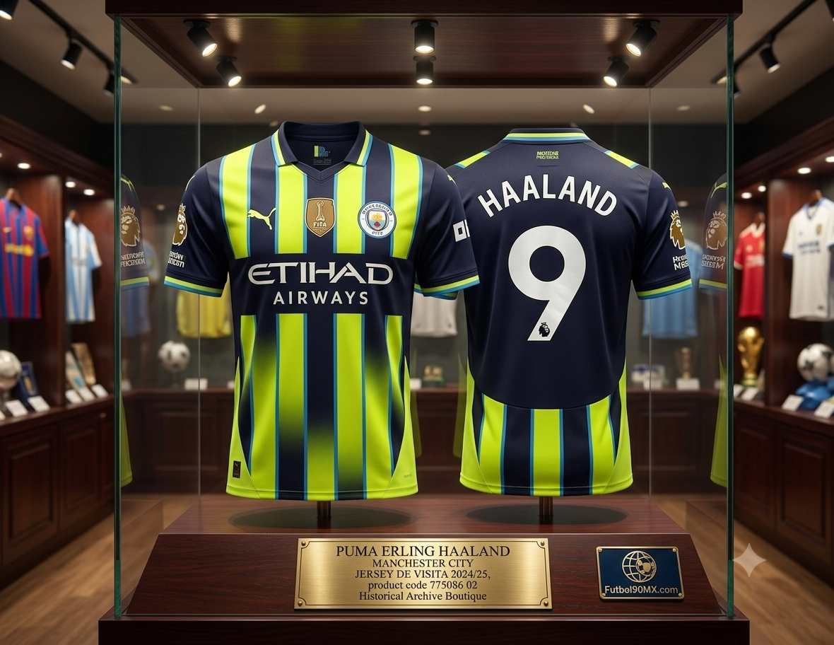 Vista frontal y posterior del jersey de visita Puma del Manchester City 2024/25 con la personalización oficial de Erling Haaland #9 y parches, codigo 775086 02, exhibido en una vitrina de museo de madera con iluminación cenital, en Historical Archive Boutique Futbol90MX