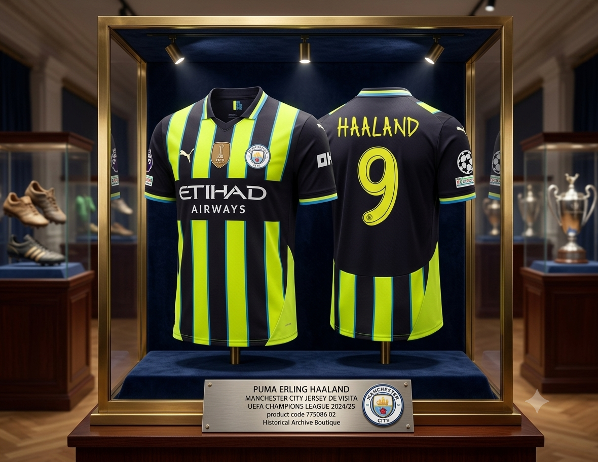 Una toma de estudio que exhibe simultáneamente la parte delantera y trasera de un jersey de visitante del Manchester City 2024/25 de Puma, personalizado con el nombre "HAALAND" y el número "9" en la parte posterior. Ambos lados presentan la base de rayas verticales de color verde neón y azul marino, con todos los logotipos, parches de competición, codigo 775086 02, en Historical Archive Boutique Futbol90MX