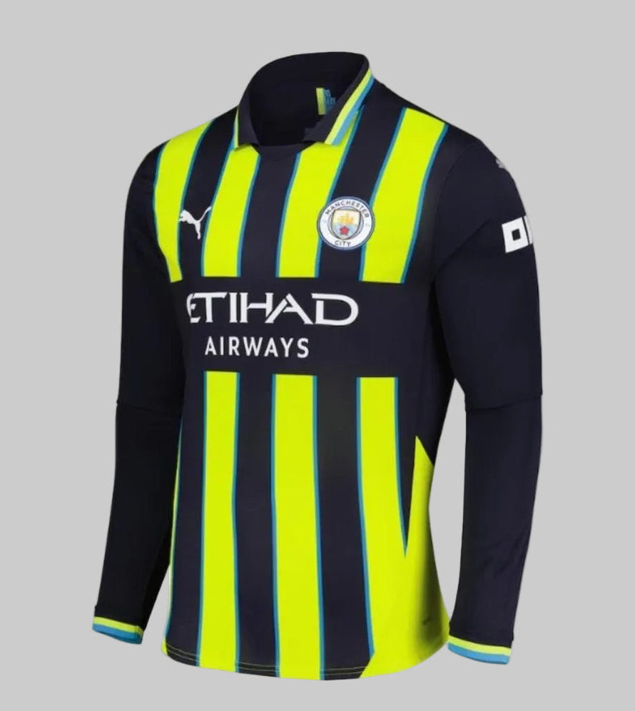 Vista frontal de la camiseta Puma de visitante de manga larga del Manchester City 2024/25 para UEFA Champions League con la personalización de Erling Haaland #9 (Ref. 775087 02) en Futbol90MX