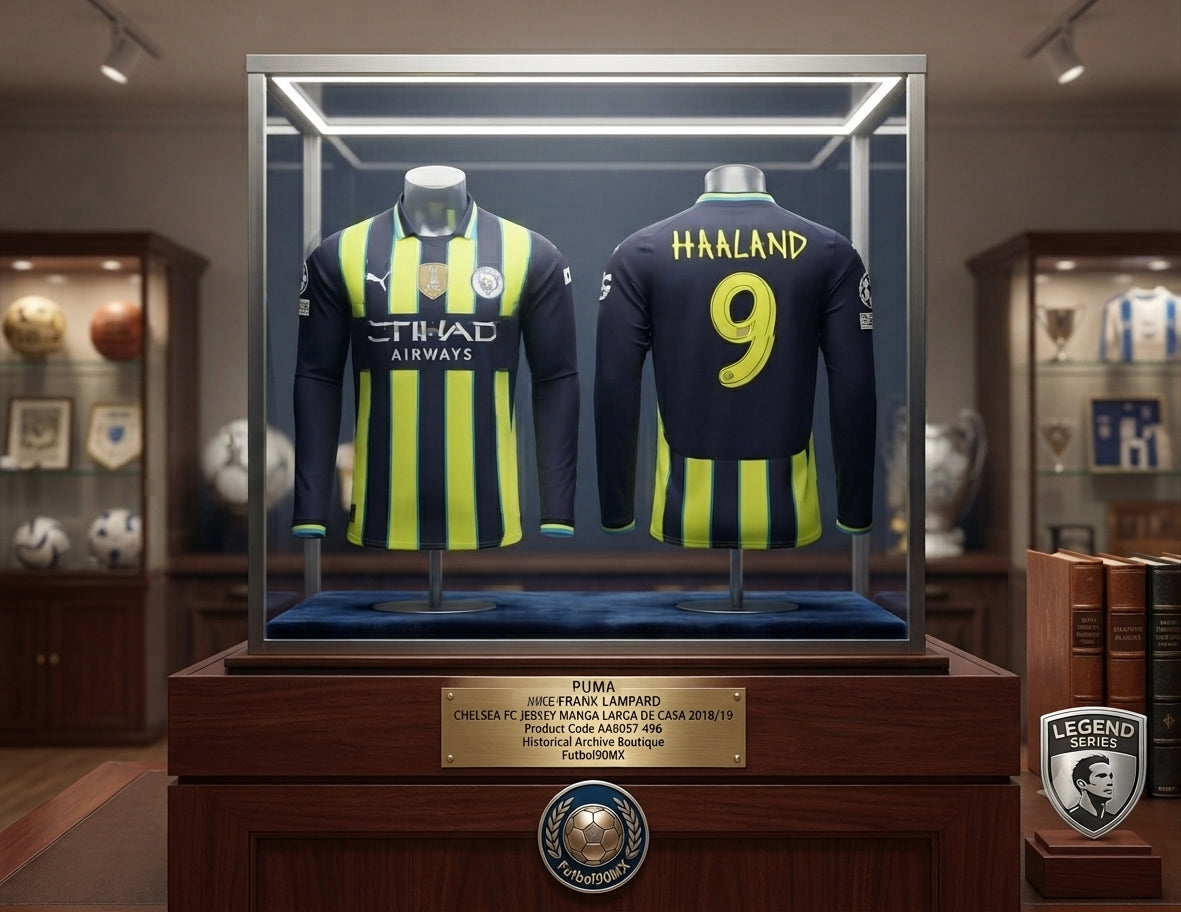Vista de Museo del Jersey de manga larga de Erling Haaland #9 de visita del Manchester City para UEFA Champions League 2024/25 (Ref. 775087 02) exhibido bajo los estándares museísticos de la Historical Archive Boutique