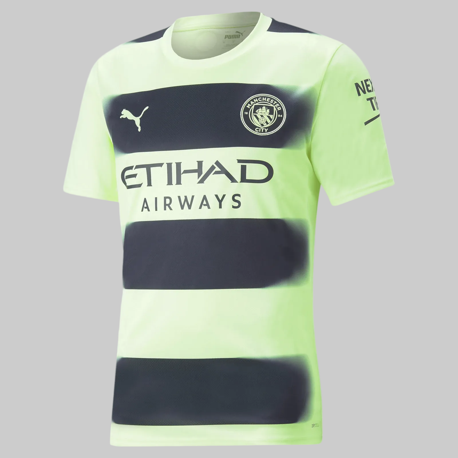 Jersey oficial PUMA de tercera equipación de Haaland de Manchester City UCL 2022/23, diseño Fizzy Lime con franjas oscuras horizontales, stock Futbol90MX