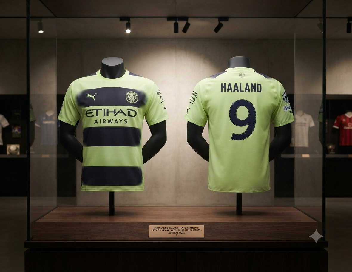 Presentación museística de archivo del jersey PUMA de tercera equipación 2022/23 de Erling Haaland, Manchester City (edición UEFA Champions League). Se muestran la parte frontal (con franjas horizontales Fizzy Lime y escudo) y la parte trasera (con dorsal HAALAND 9) montadas sobre bustos negros mate dentro de una vitrina de cristal con iluminación LED, con una placa de identificación de latón visible, codigo 765734 03, en Futbol90MX