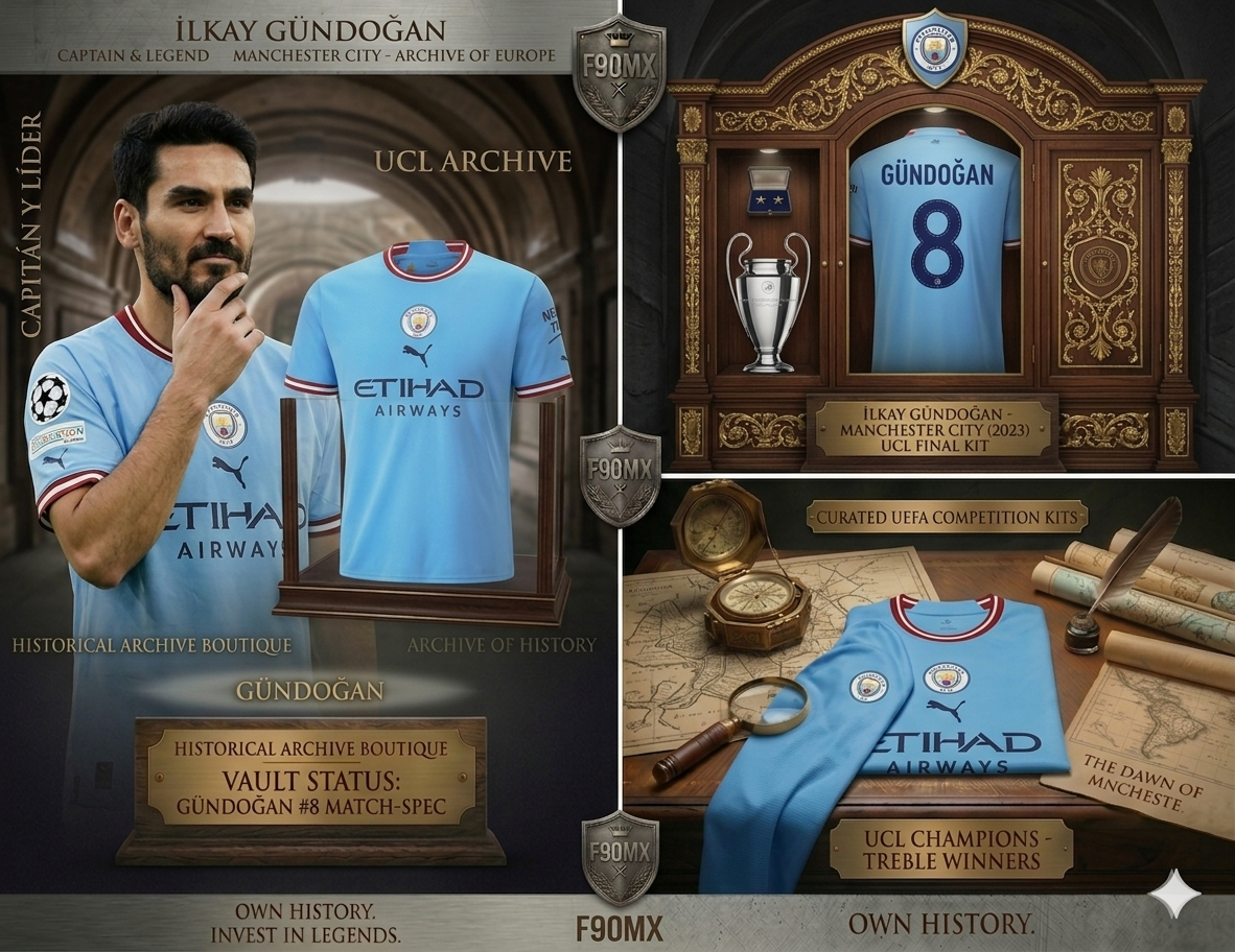 Gráficos promocionales de Futbol90 MX mostrando el jersey de İlkay Gündoğan 2022/23 como activo de archivo histórico y pieza de inversión.