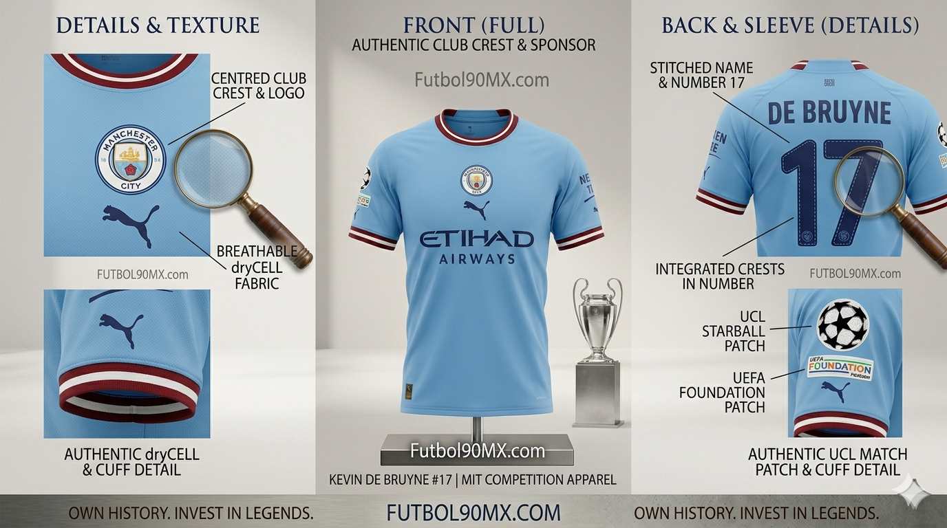 Infografía de archivo detallando los elementos técnicos del jersey de Kevin De Bruyne: tipografía de copas, parches UCL originales y detalles en granate.