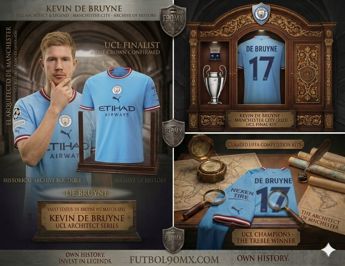 Composición artística de Futbol90 MX presentando a Kevin De Bruyne y su jersey de la final de la Champions League 2023 como activo de Grado de Inversión.