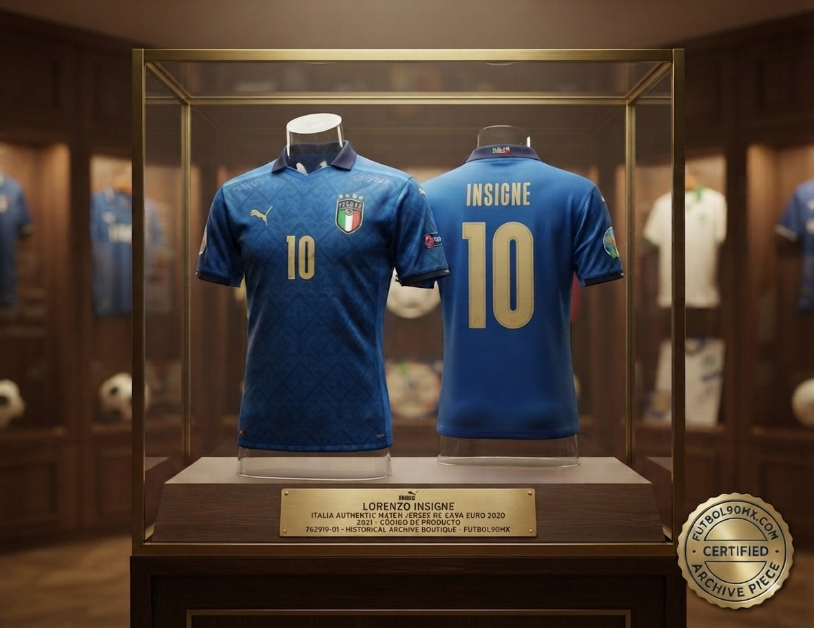 Exhibición de museo en vitrina de archivo con iluminación atmosférica del jersey Puma Italia Authentic Match Home Euro 2020/21 de Lorenzo Insigne, codigo 762919-01, junto a una placa de autenticidad en Historical Archive Boutique Futbol90MX