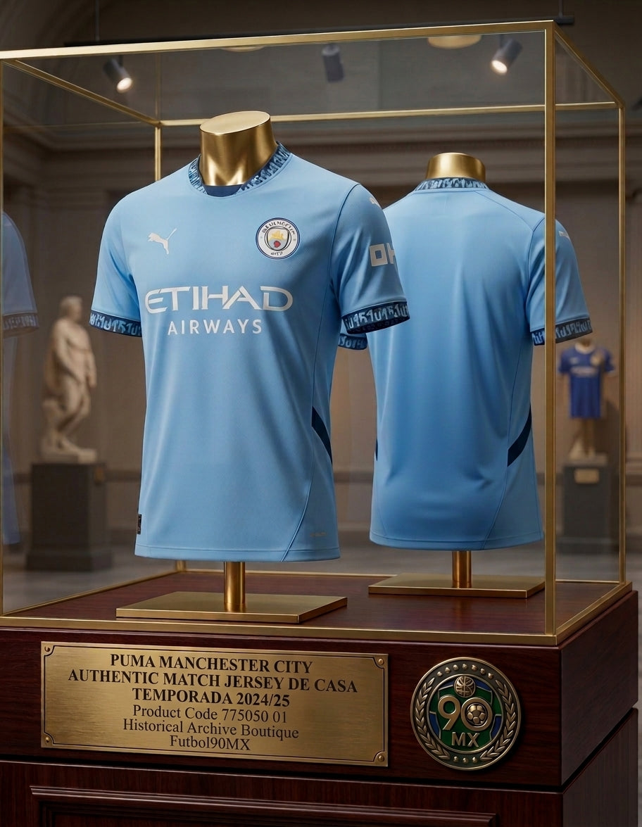Vista de Museo de la Camiseta Puma Manchester City Authentic Match Home 2024/25 (Ref. 775050 01) exhibida en vitrina de colección de la Historical Archive Boutique de Futbol90MX.