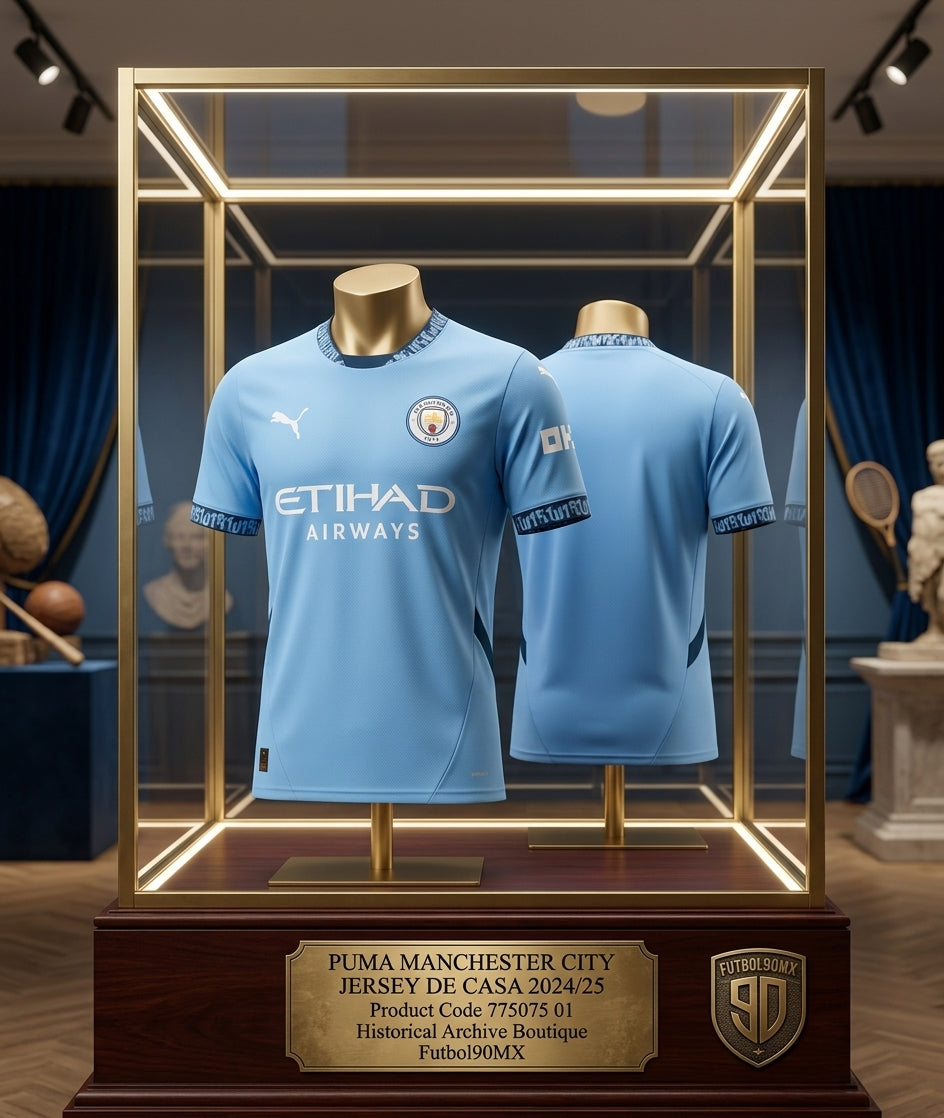 Vista de calidad Museo del Puma Manchester City Home Jersey 2024/25 (Ref. 775075 01) exhibida en vitrina de colección de la Historical Archive Boutique de Futbol90MX.