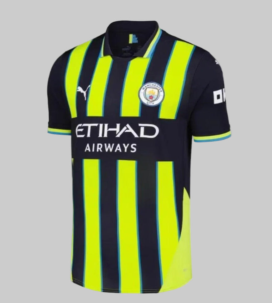 Vista frontal del Puma Manchester City Jersey de Visita 2024/25 con franjas neón, código 775086 02 en Futbol90MX.