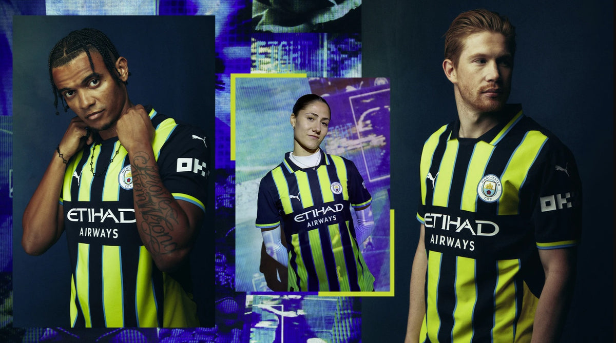 Vista de la campaña oficial con jugadores portando el jersey de visitante del Manchester City 2024/25 en la Historical Archive Boutique de Futbol90MX