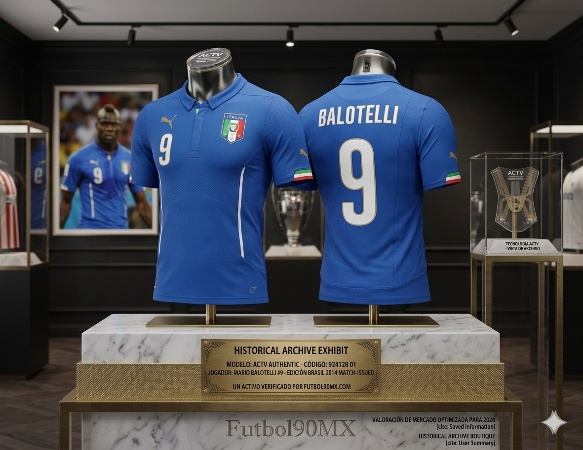 Imagen estilo museo del jersey de Balotelli exhibido sobre pedestal de mármol con placa de identificación técnica de Historical Archive Exhibit Futbol90MX, codigo Puma 924128 01