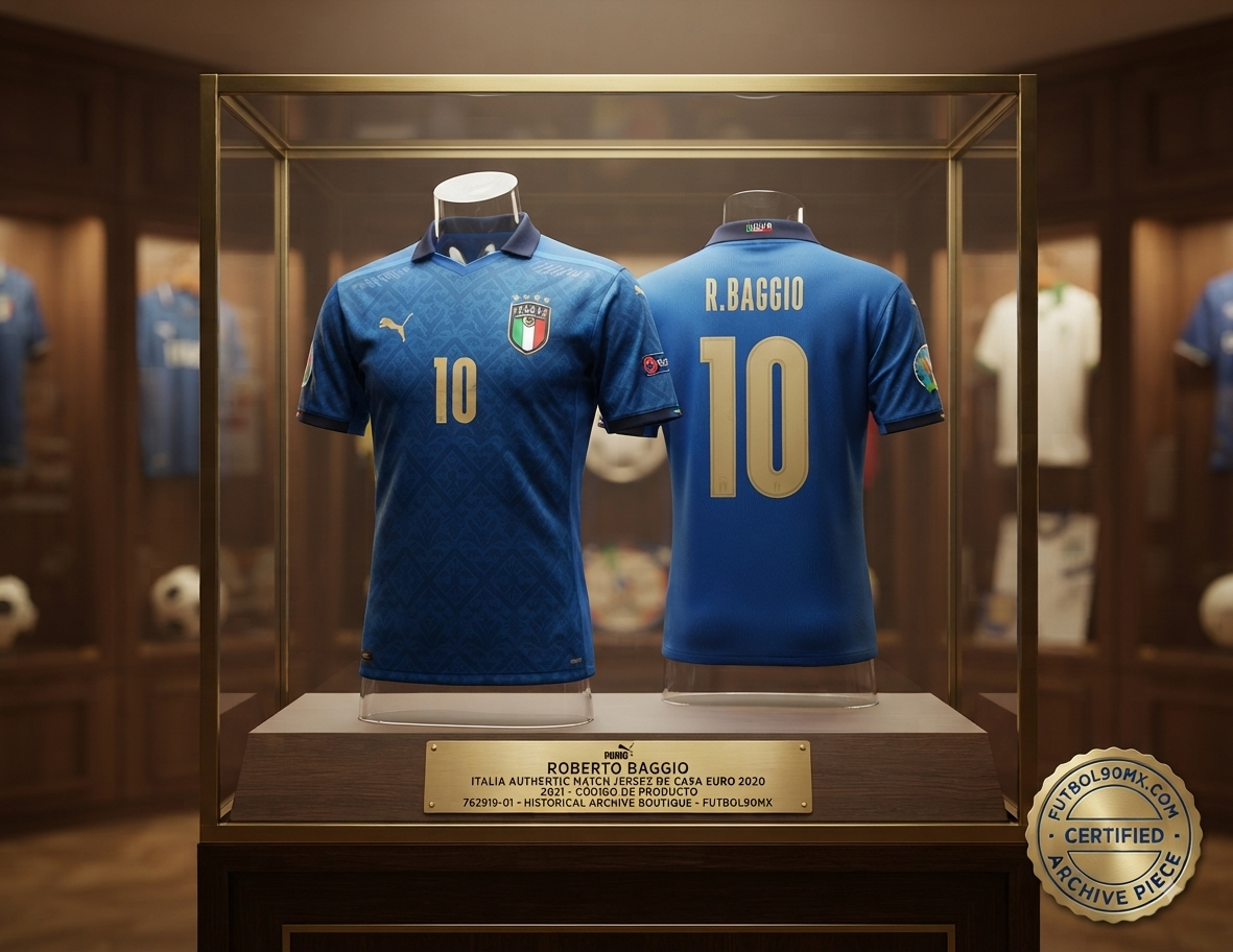 Exhibición de museo en vitrina de archivo con iluminación atmosférica del jersey Puma Italia Authentic Match Home Euro 2020/21 de Roberto Baggio, codigo 762919-01, junto a placa de autenticidad en Historical Archive Boutique Futbol90MX