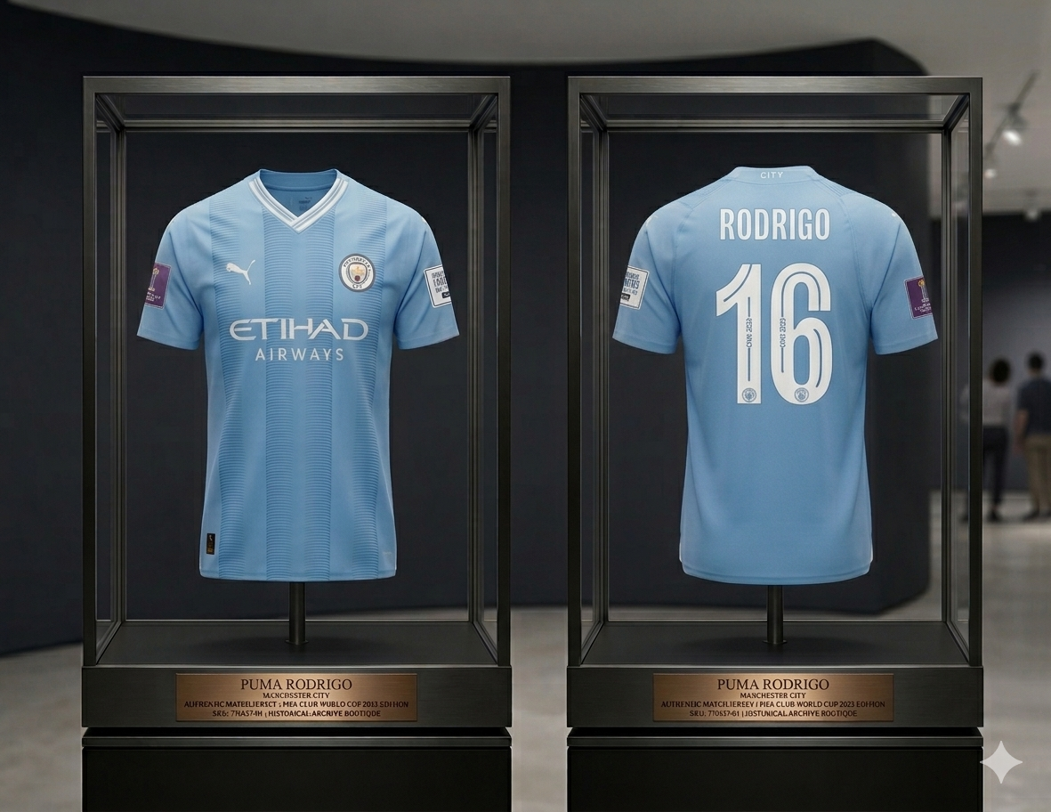 Jersey Puma Manchester City Rodri #16 versión Authentic Match FIFA Club World Cup 2023 exhibido en vitrina de archivo histórico Puma 770437 01