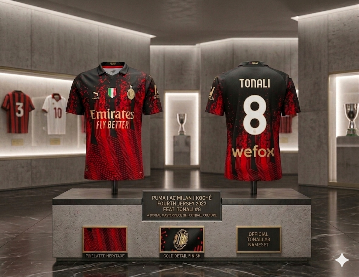 Imagen de marketing de archivo: El jersey AC Milan x KOCHÉ de Sandro Tonali #8 exhibido en una galería de arte moderno sobre un pedestal de mármol negro. Iluminación de museo resaltando los detalles dorados y el patrón pixelado, archivo de Futbol90MX Puma 773362 01