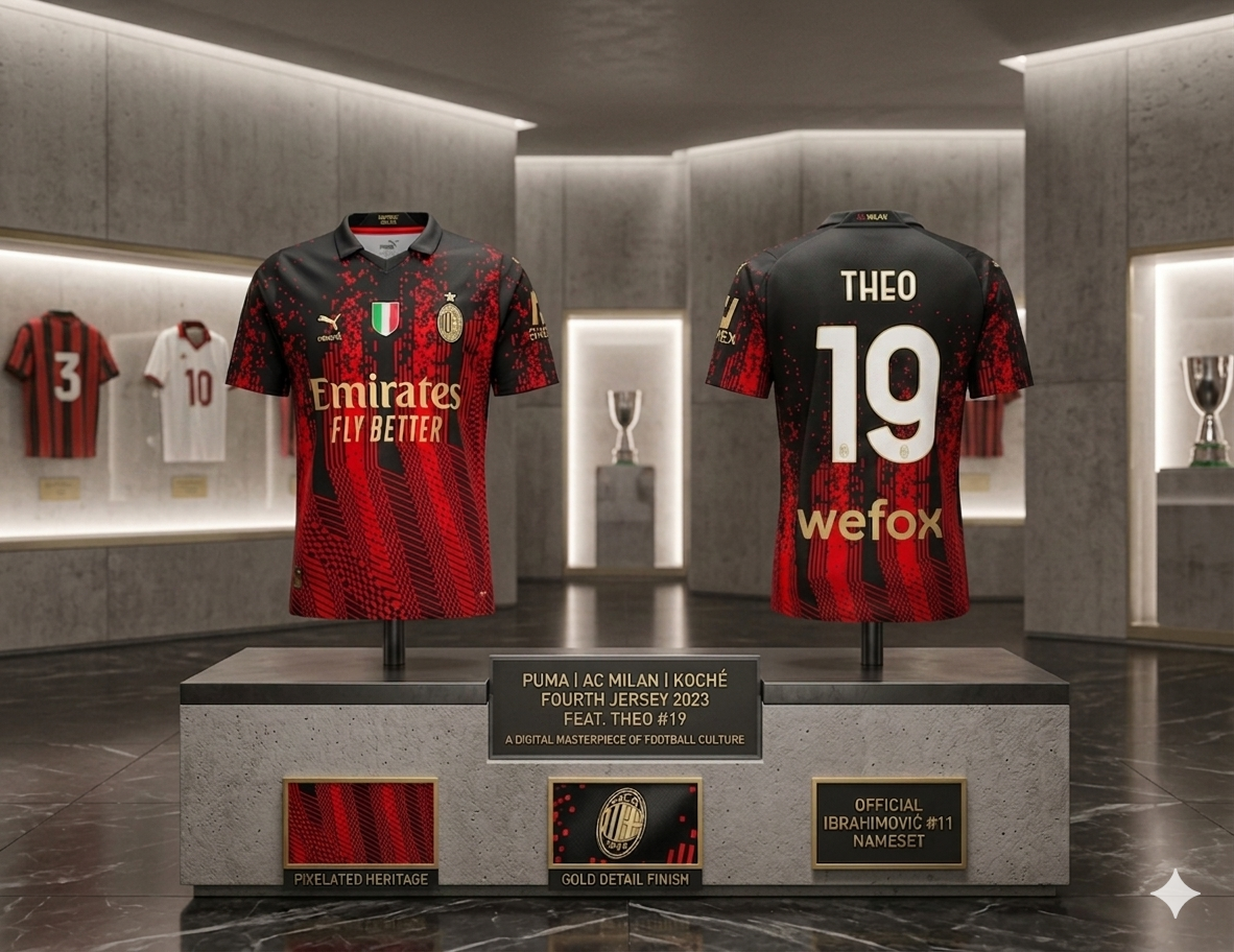 Fotografía de curaduría de archivo: El jersey Milan x KOCHÉ de Theo Hernández #19 exhibido en una galería moderna sobre un pedestal de concreto y mármol. Incluye placas informativas sobre el diseño 'Pixelated Heritage' y el nameset oficial. Fondo de museo con otros jerseys históricos iluminados Puma 773362 01 en Futbol90MX