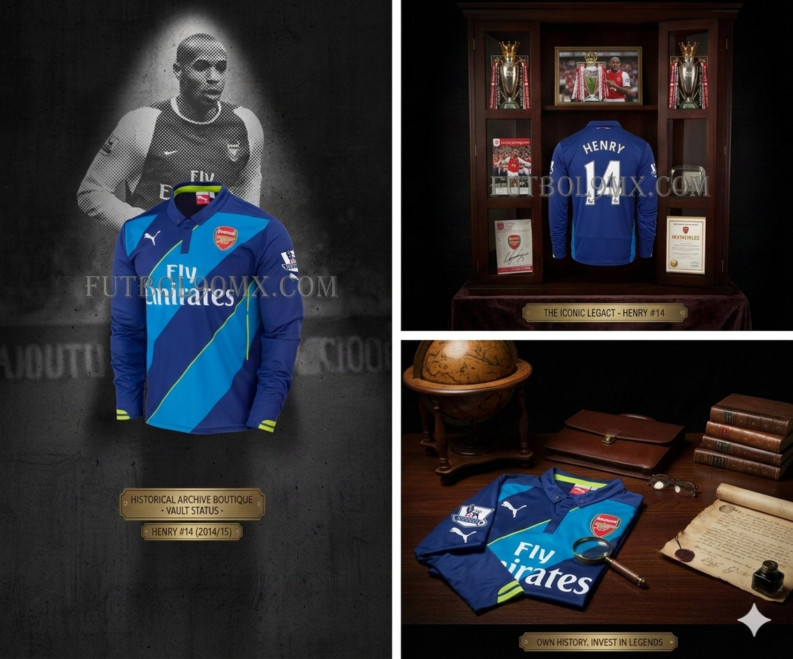 Infografía de la Boutique de Archivo Histórico mostrando el jersey Arsenal 2014/15 de Thierry Henry como un activo de inversión de lujo en un entorno de oficina y vitrina.