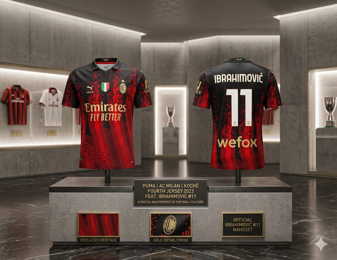 Fotografía de calidad de museo que exhibe la colección PUMA x AC Milan x KOCHÉ Fourth Jersey 2023. Dos maniquíes laterales sobre pedestales de piedra muestran el frente con patrocinador y escudo, y la parte trasera con 'IBRAHIMOVIĆ' y el número '11'. Detrás hay un panel dorado grabado con el texto 'A DIGITAL MASTERPIECE OF FOOTBALL CULTURE' y debajo pedestales más pequeños con las inscripciones 'PIXELATED HERITAGE', 'GOLD DETAIL FINISH' y 'OFFICIAL IBRAHIMOVIĆ #11 NAMESET', todo en un ambiente de galería de